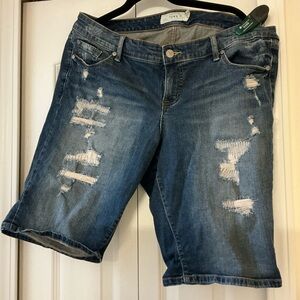 torrid Distressed Mid-Length Denim Bermuda Shorts - Blue